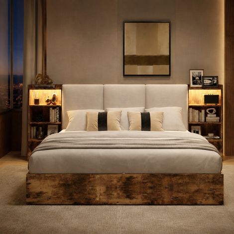 Lit coffre 180 x 200 cm avec tête de lit rembourrée, 6 rangements, LED, marron OKMYHOME (1/5)