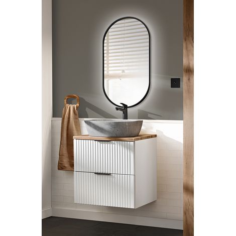 Badezimmer Waschplatz Set 2-teilig weiß ADELAIDE-56-WHITE Modern mit Eiche Nb., Front in Rillenoptik (1/5)