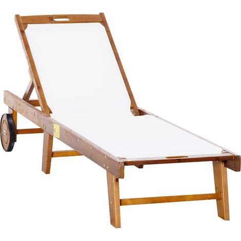 Lettino prendisole in legno di acacia con schienale regolabile 198 x 55 cm Natural e bianco (1/5)