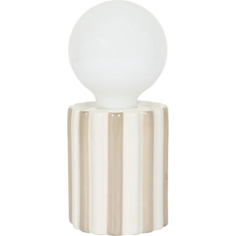 Lampe à poser céramique rayé taupe et blanc abat-jour globe (H17cm) sur piles