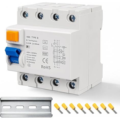 Disjoncteur Fi type B, Fi à 4 pôles, type B, 63 A, 30 mA, classe de protection RCD Disjoncteur de courant, rail DIN pour boîte murale, station de charge, sécurité électrique et applications de (1/5)