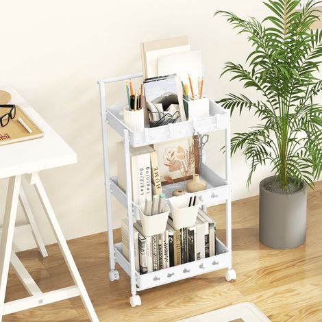 Chariot Rangement Mobile 3 Niveaux Utilitaire 3 Bacs 4 Crochets Organisateur Blanc CW37560 (1/3)