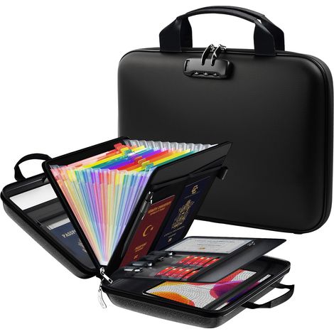 Boîte à Documents Ignifuge avec Serrure, Organisateur de Documents A4 Rigide 13 Compartiments, Porte-Documents pour Documents Importants, Certificats et Passeports, Noir (1/5)