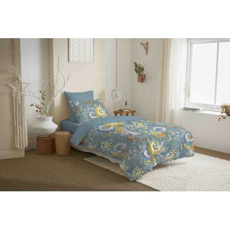 Pack complet housse de couette réversible "Vanessa" 4 pièces pour lit 90 x 190 Bergame Turquoise
