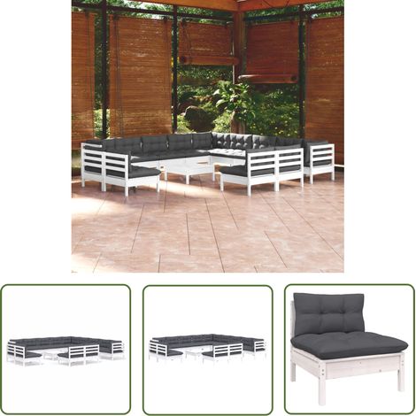 The Living Store Salon de jardin 14 pcs avec coussins blanc bois de pin solide - Salon De Jardin - Mobilier De Jardin - Ensemble Salon De Patio - Meubles De Jardin - Terrasse (1/5)