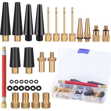 Lntyq 33 Pièces Embout Pompe Velo Gonfleur Ballon, Adaptateur de Valve avec Tuyau de Gonflage, pour Vélo, DV SV AV Adaptateur Pompe Velo avec Boîte de Rangement, Pompe à Vélo et Compresseurs Pompes (1/4)