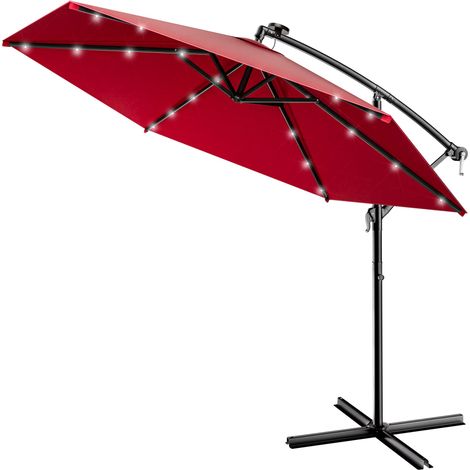 KINGSLEEVE® Ampelschirm LED Beleuchtung UV Schutz 80+ Solar Ständer Schutzhülle 300cm Groß Kurbel Balkon Terrasse Gartenschirm Sonnenschirm  rot