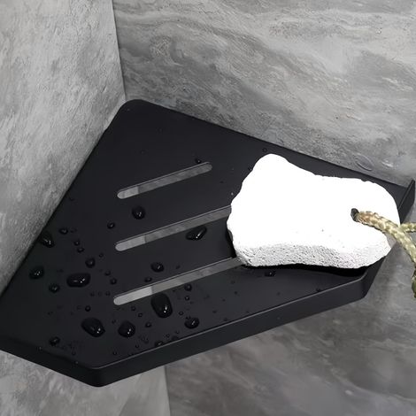 Mensola angolare triangolare da parete in acciaio inox 304 per bagno/WC, con portasapone, nero (1/5)