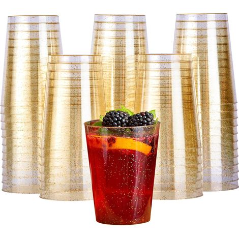 50 Gobelets, Plastique Dur, Paillettes Dorées, 285ml, Réutilisables, Fêtes (1/5)