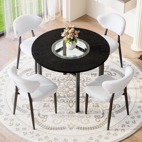 Ensemble de table ronde moderne minimaliste (avec 4 fauteuils blancs en PU à dossier courbé confortable), table ronde effet bois noir de 100 cm de diamètre, adaptée au salon, etc.