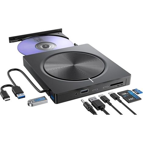 External CD DVD Player for PC, USB 3.0 and Type-C External D VD Burner with 2USB-A 2USB-C and SD/TF Slot, Optical Portable CD DVD -/+RW Drive for Windows/MacOS/Laptop/Desktop (1/5)