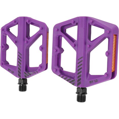 Pédales de vélo de route plates violettes avec axe en acier au bore, revêtement en fibre de nylon antidérapant et cranté. (1/5)
