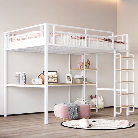 Letto rialzato per adulti 140x200 cm con scrivania e mensola, sponda di sicurezza in rete metallica, senza materasso, bianco (1/5)