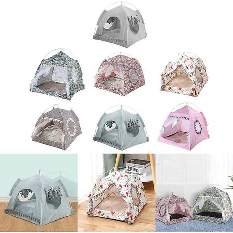 Niche-chat en forme de tente, idéale pour les chats d'intérieur de petite et grande taille. Montage facile. Motif floral rose sur fond gris. (1/4)