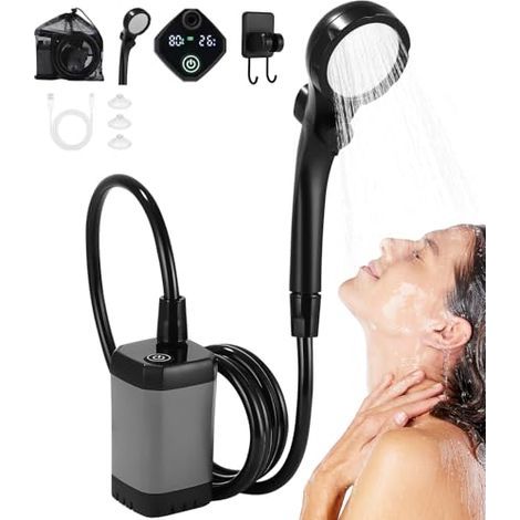 Ducha portátil para camping, bomba recargable con pantalla digital inteligente y display LED, cabezal de ducha ajustable, cabezal de ducha con cubo plegable para camping y senderismo (1/5)