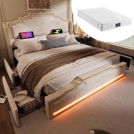 Lit rembourré 140x200, lit double avec 4 tiroirs, éclairage LED et port de chargement USB-C, lit coffre et lit enfant avec sommier à lattes, velours beige, matelas inclus, garantie 2 ans (1/5)