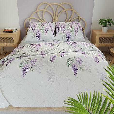 LAVANYA Bettwäsche 160x200 cm – Satin-Baumwolle, Blumenmuster, weiß-violette Eleganz (1/5)