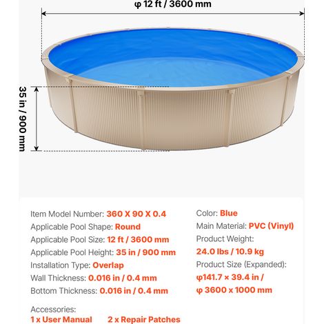 VEVOR 12 ft Pool Liner, Round Overlap Swimming Pool Liner for 35 in Wall Height, Premium Vinyl, Easy Install with Leak-Proof Patches, Designed for Steel Sided Above-Ground,Outdoor, Blue (1/4)