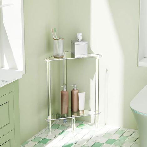 Table d'appoint d'angle transparente en acrylique, petite étagère triangulaire à 2 niveaux, présentoir d'extrémité pour salon, chambre à coucher, salle de bain (1/5)