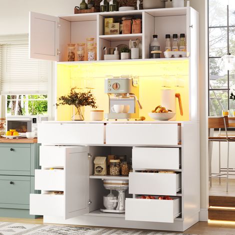 Armoire haute led 120x40x183,5cm meuble cuisine 8 tiroirs fermeture magnétique étagères réglables - mdf - blanc (1/5)