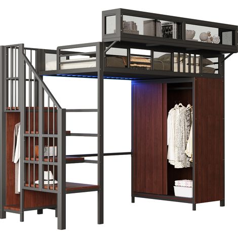 Cama Alta 90 x 200 Cm Con Armario, Estantes, LED Y Escalera De Almacenamiento, Sin Colchón, De Metal Y Madera, Negro (1/5)
