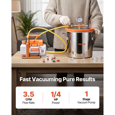 Pompe à Vide 3,5 CFM 99 L/min Chambre à Vide Acier Inox 11,36 L 1 Étage avec Couvercle Verre Trempé, Bouteille d'Huile 200 mL, Tuya… (1/5)