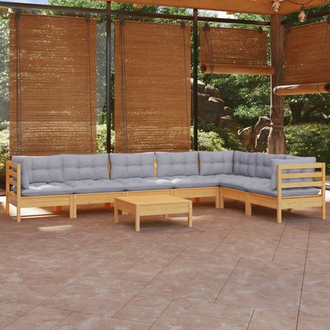 INLIFE Salon de jardin 8 pcs avec coussins gris Bois de pin solide (1/5)