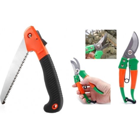 TrAdE Shop Traesio - Kit Sega A Mano Pieghevole + Cesoie Forbici Giardinaggio Per Potatura Manganese -