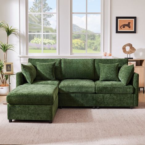 Divano angolare modulare 216x161 cm con pouf removibile, divano 3-4 posti in rivestimento ciniglia, 4 cuscini, verde