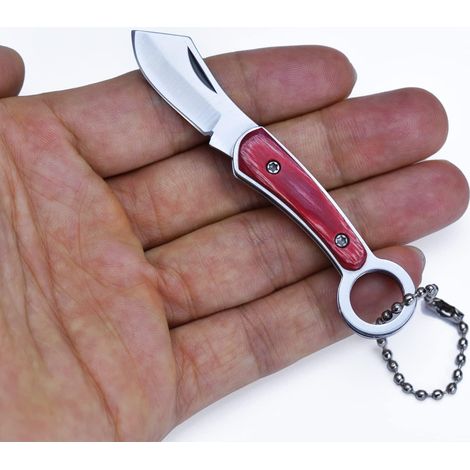 Mini Klappmesser mit Schlüsselanhänger, Holzgriff, Rot, EDC Outdoor