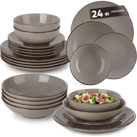 Geschirrset 6 Personen Steingut Speiseteller 24 Teile Set Grau (1/5)