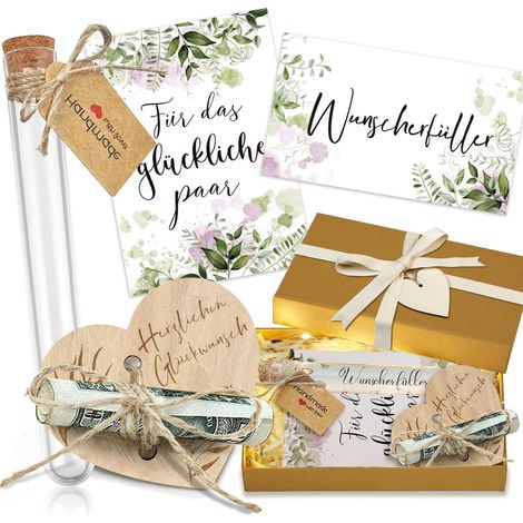 1 coffret cadeau en forme de cœur, boîte kraft 18x12 cm, tube à essai plastique, guirlande LED, raphia, étiquettes bois et carton, pour argent ou vœux (1/5)