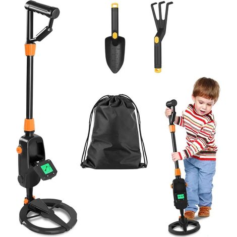 Détecteur de métaux TRMLBE pour enfants, profondeur de fouille jusqu'à 13 cm, avec pelle, herse à cinq dents et sac de transport. Détecteur de métaux avec écran LCD et alertes sonores. (1/5)