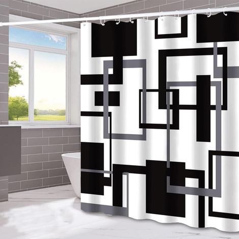 Rideau de douche noir et blanc, ensemble de rideau de douche en tissu géométrique noir et gris, rideau de douche imperméable minimaliste abstrait moderne du milieu du siècle pour la décoration de la s (1/2)