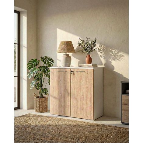Armadio ufficio Texas - Mobile archivio basso 2 ante con serratura - L. 90 x H. 83 x P. 42,5 cm – Bianco-Virginia (1/5)