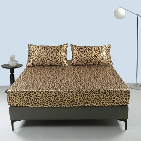 Damier Drap-housse en satin - 160 x 200 cm - Motif léopard doré - Soie brillante - Convient aux matelas jusqu'à 25 cm (1/5)