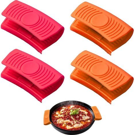 Paar Silikongriffe – 8 x 4,5 cm – Hitzebeständig – Rutschfest, für Töpfe, Pfannen und Gusseisen (Rot und Orange) (1/5)