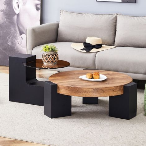 Tavolino rotondo moderno e semplice a due livelli: piano in vetro marrone trasparente e gambe a L in MDF nero. Il design componibile consente un utilizzo flessibile della stanza. Tavolino laterale (1/5)