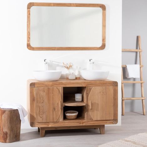 Wanda Collection – Meuble bas de salle de bain en teck Rétro 120cm – Double vasque – Hauteur 75cm – Profondeur 50cm – Non percé (1/5)