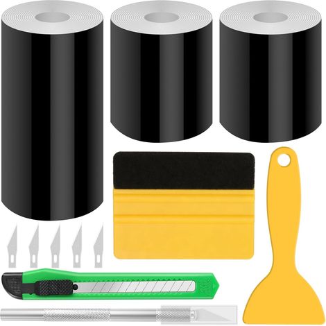 Lot de 3 Rouleaux de Film de Protection de Peinture pour Voiture, 7 m Covering Autocollant Noir Brillant (5cm x2 + 10cm x1)-Anti-Rayures-Film Vinyle Décoratif avec Raclette pour Auto Moto (1/5)