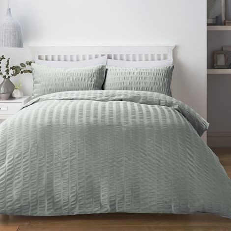 Housse de Couette en Seersucker Bleu Canard pour lit Simple 140 x 200 cm Douce au Toucher Motif Rayures de Chemin de Fer (1/3)