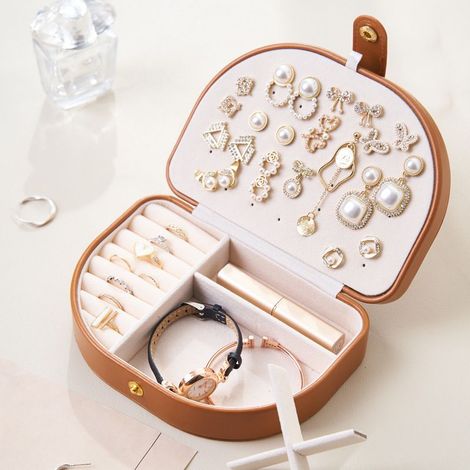 Tragbare Schmuckschatulle für Ohrringe, Halsketten, Schmuckstücke, Armbänder und anderen Schmuck (braun) (1/5)
