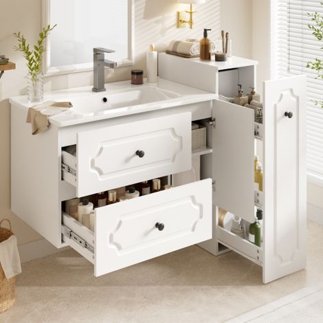 Ensemble salle de bain moderne 107cm, lavabo céramique, 2 tiroirs, meuble-lavabo 1 porte, armoire haute intégrée, grand rangement famille/toilettes (1/5)