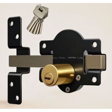 Serrure de portail longue portée 70 mm, double verrouillage, en acier inoxydable, pour portail en bois, 5 clés (1/4)