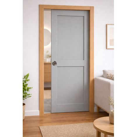 Porta scorrevole Athena Grigio RAL7035 - 2 pannelli H204 x L.83 + Sistema a libro e rivestimento in dotazione