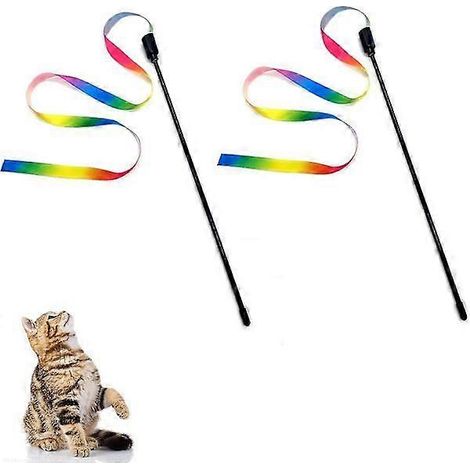 Interaktives Katzenspielzeug mit Stock, buntem Stoffband, Regenbogenspielzeug mit Schnur, Katzenrassel, Trainingszubehör, kreativ (1/5)