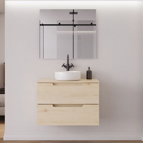Meuble de salle de bain 80cm avec plateau et vasque à poser ronde - 2 tiroirs - roble calima (bois clair) - SONRIZA (1/5)
