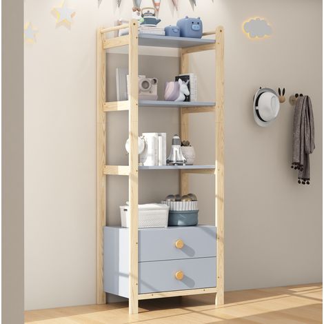 Standregal, 2 Schubladen, 4 Ebenen Bücherregal, Kieferrahmen, Vollholzgriffen, für Wohnzimmer, Schlafzimmer, Bücherzimmer, blau+natürliches Holz, 70×44×180cm (1/5)