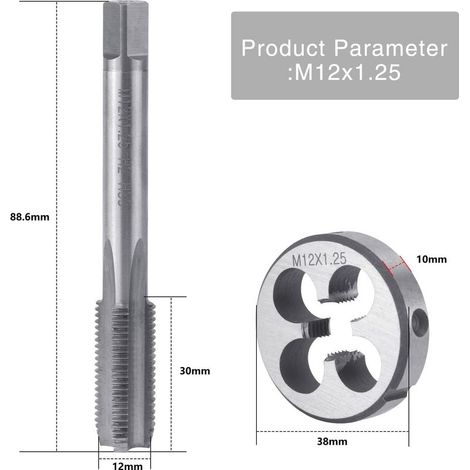 M12 x 1,25 mm Gewindebohrer- und Schneideisensatz, M12 x 1,25 mm HSS Gewindeschneidset, Rechtsgewindebohrer, zum Gewindeschneiden und Reparieren (1/5)