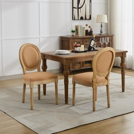 Sillas de comedor de estilo francés, estructura de madera maciza, tapicería de lino y respaldo de ratán, juego de 2, color beige, DE1845TN (1/5)